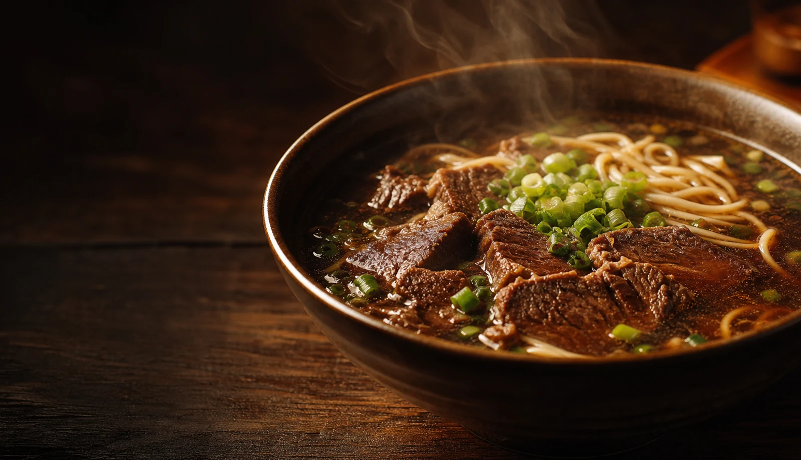 深色木桌上一碗红烧牛肉面,暖光中有蒸汽升起