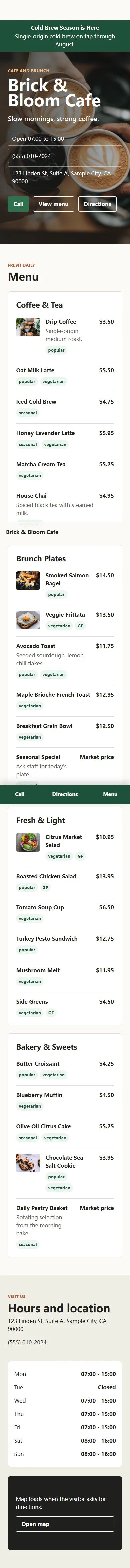 Brick & Bloom cafe sample website homepage screenshot