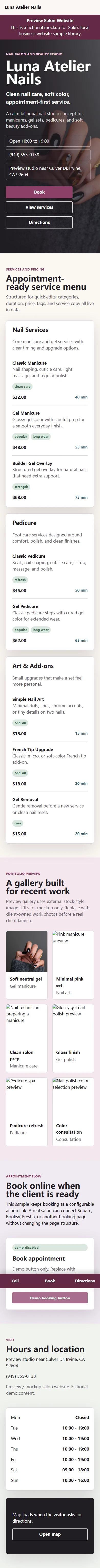 Nail and beauty salon sample website homepage screenshot